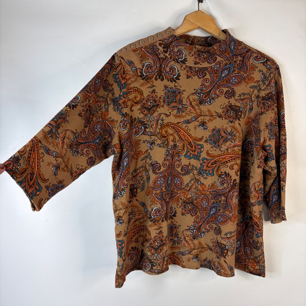 Isaac Mizrahi Live! Estate Top Women 2X Brown Paisley Mock Neck Button Shoulder